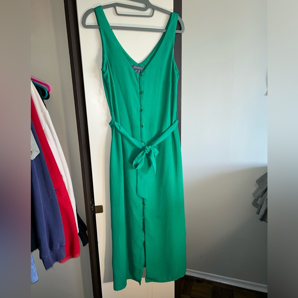 Primark Reformation Kelly Green V Sleeveless Button Belt Flare Slit Midi Dress 6